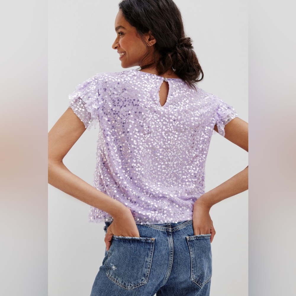 Anthropologie Pamela Sequin Blouse small short sleeve lilac glitter sparkle - Picture 3 of 6